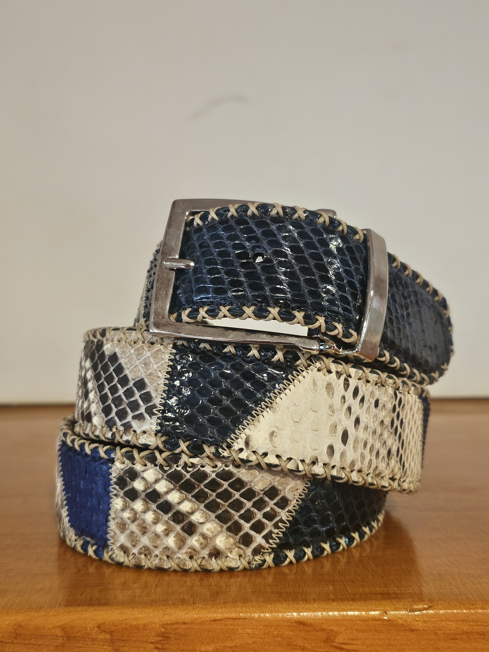 Aria Patchwork Python Leather Belt Blue & Brown